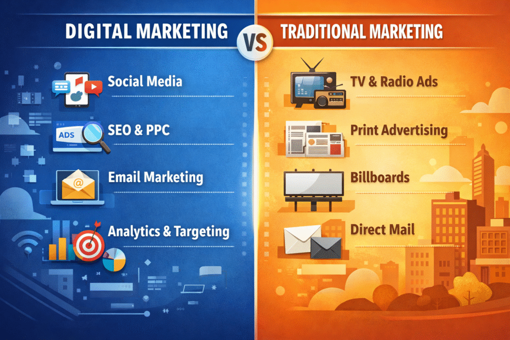 Traditional Marketing vs Digital Marketing – Key Differences Explained Traditional Marketing vs Digital Marketing